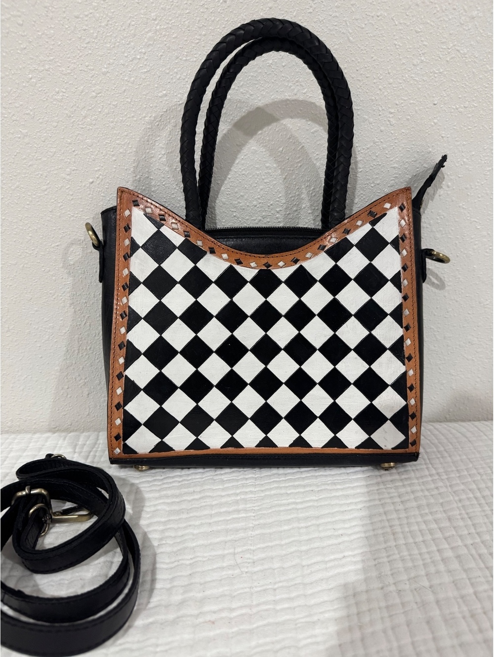 Black White Checkered Western Satchel Handbag Braided Handle Crossbody Bag